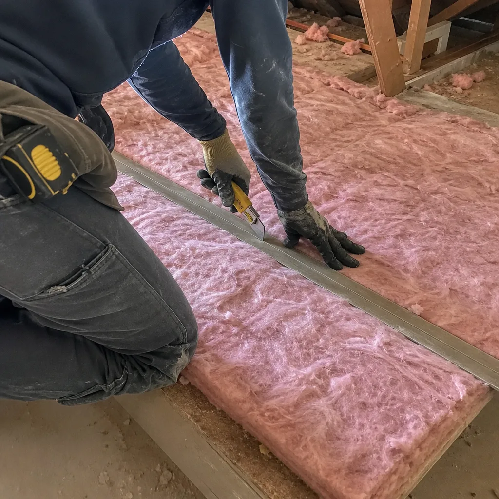 Professional installer cutting fiberglass insulation batts in an attic