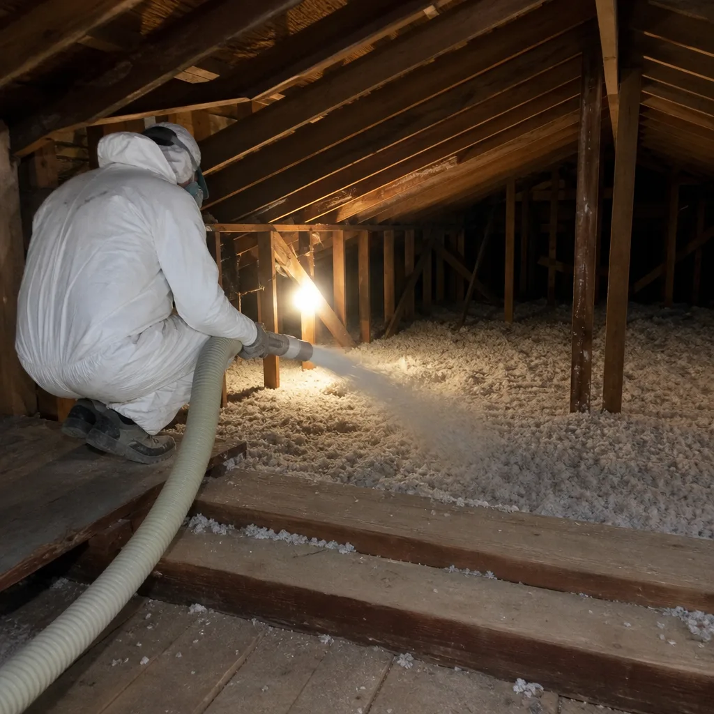 Professional contractor blowing loose-fill insulation into an attic