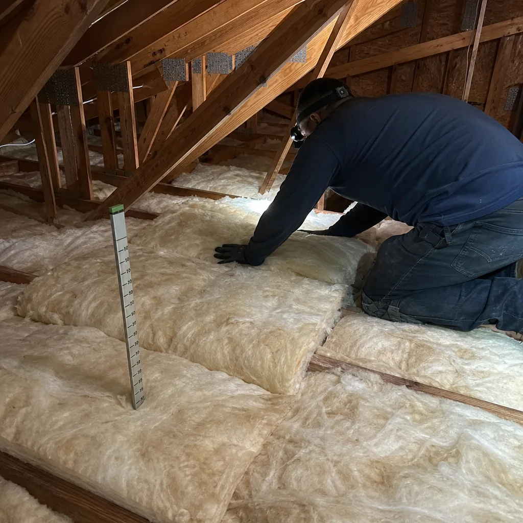 Professional technician installing fiberglass attic insulation for energy efficiency.