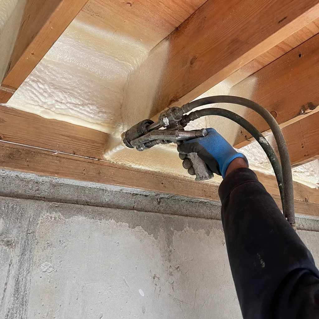Worker applying spray foam insulation between ceiling joists